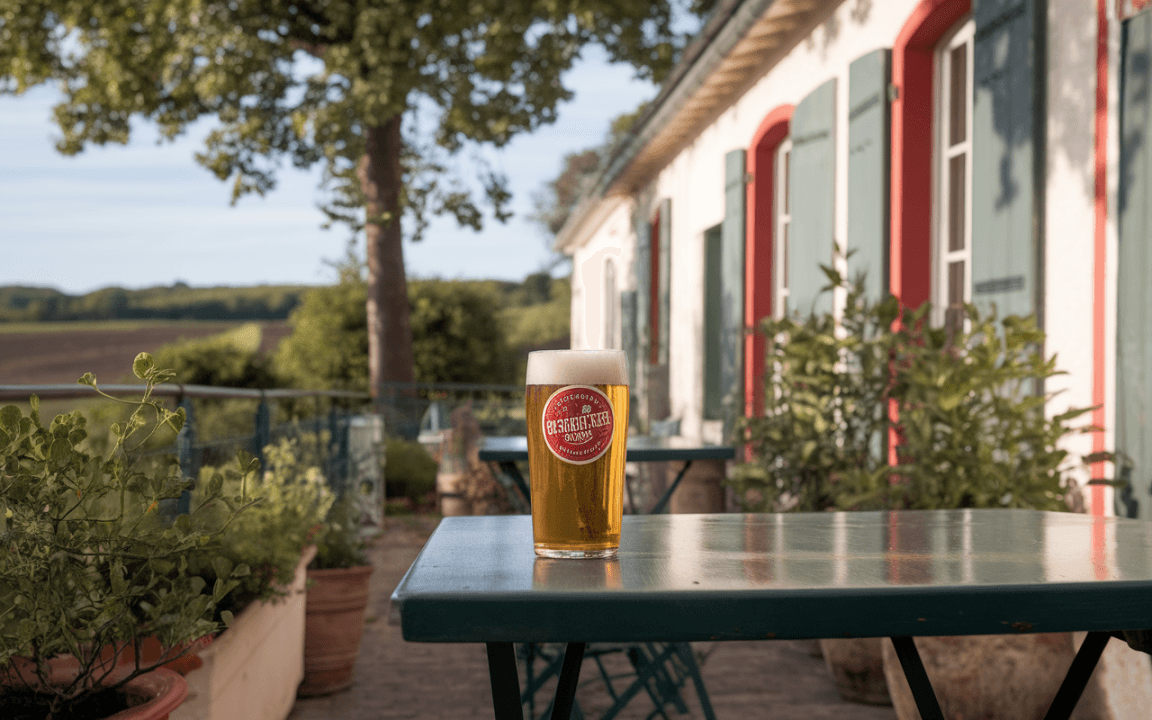 Un verre de bière se trouve sur une table en bois, avec des plantes en pot et un paysage de campagne en arrière-plan.