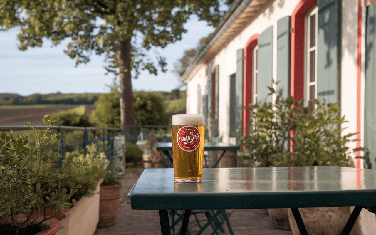 Un verre de bière se trouve sur une table en bois, avec des plantes en pot et un paysage de campagne en arrière-plan.