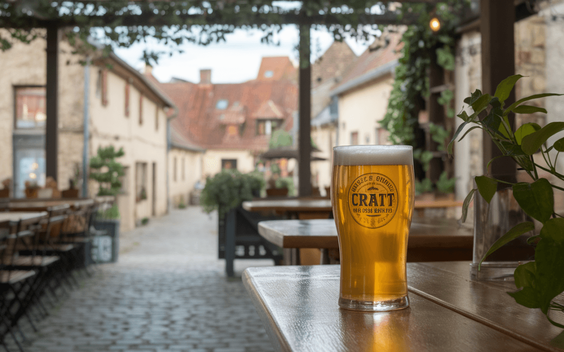 Une pinte de bière claire est posée sur une table en bois, avec une rue pavée et des bâtiments en arrière-plan.