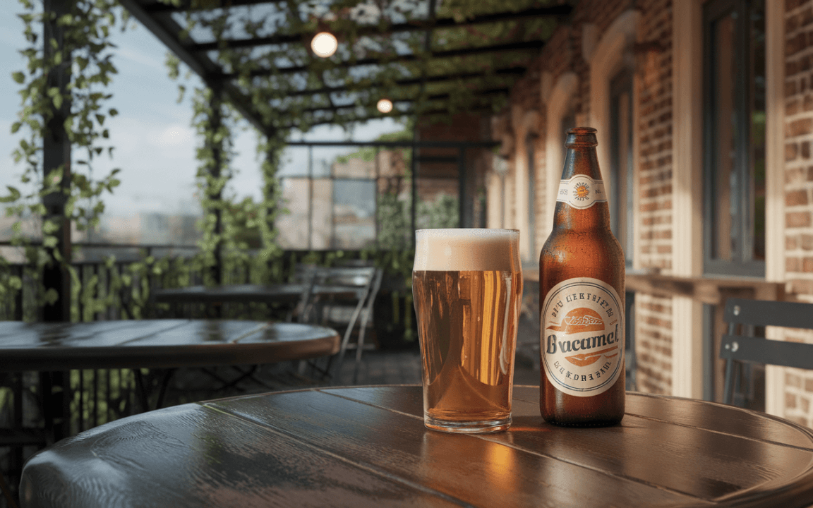 Un verre de bière dorée avec mousse, posé sur une table en bois, à côté d'une bouteille. Terrasse végétalisée en arrière-plan.