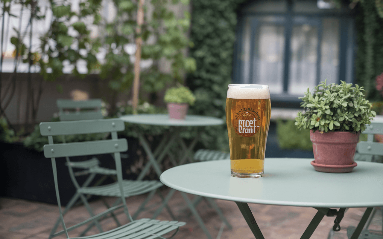 Un verre de bière blonde posé sur une table verte, entouré de plantes dans un cadre extérieur agréable.