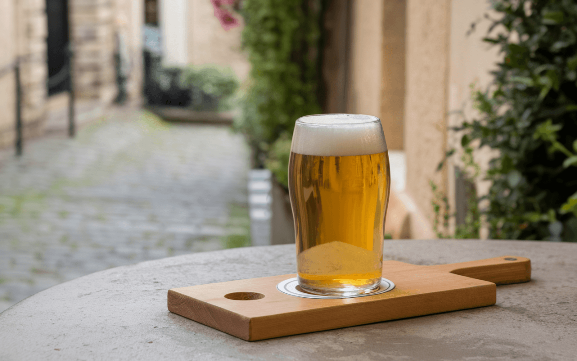 Un verre de bière dorée sur une planche en bois, avec un arrière-plan flou de rue pavée et de verdure.