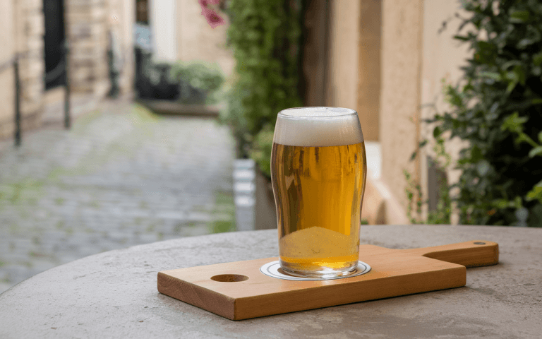 Un verre de bière dorée sur une planche en bois, avec un arrière-plan flou de rue pavée et de verdure.