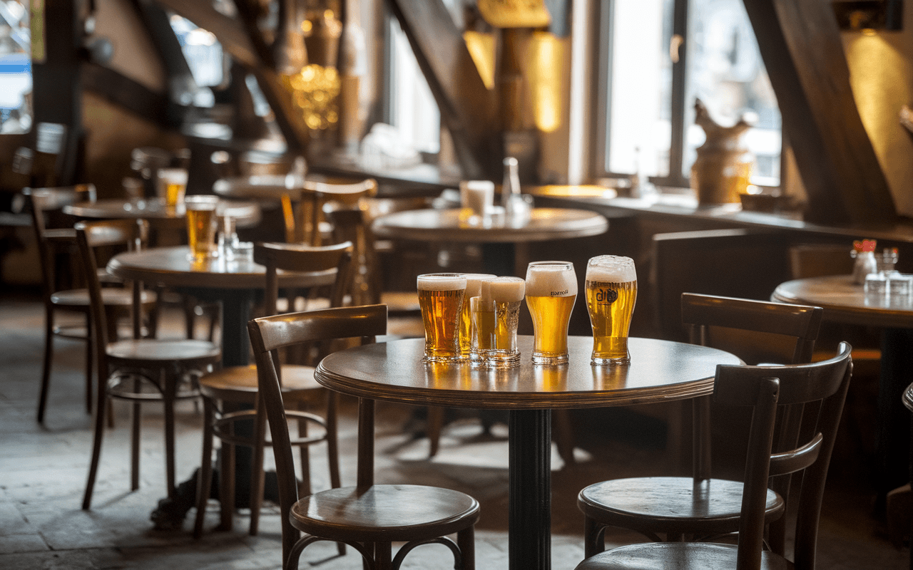 Intérieur d'une brasserie avec des tables en bois, plusieurs verres de bière colorée, éclairage chaleureux, chaises vides.