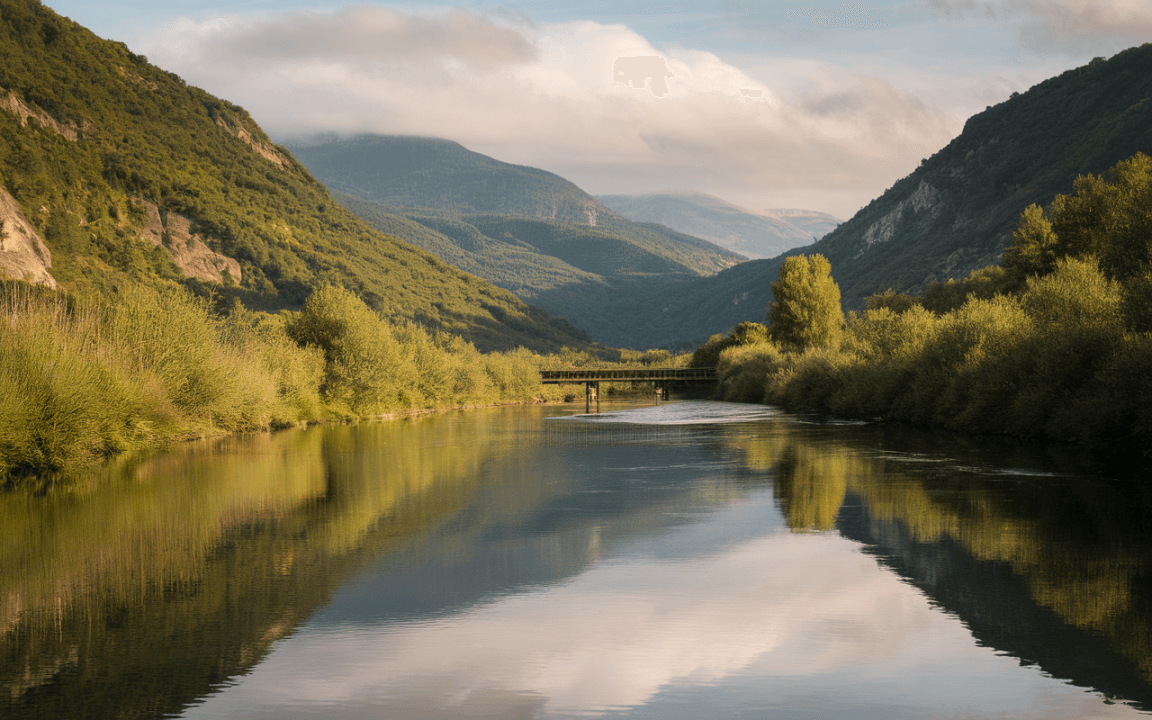 Vue d'une vallée verdoyante avec une rivière calme et un pont en bois, entourée de collines et de montagnes sous un ciel nuageux.