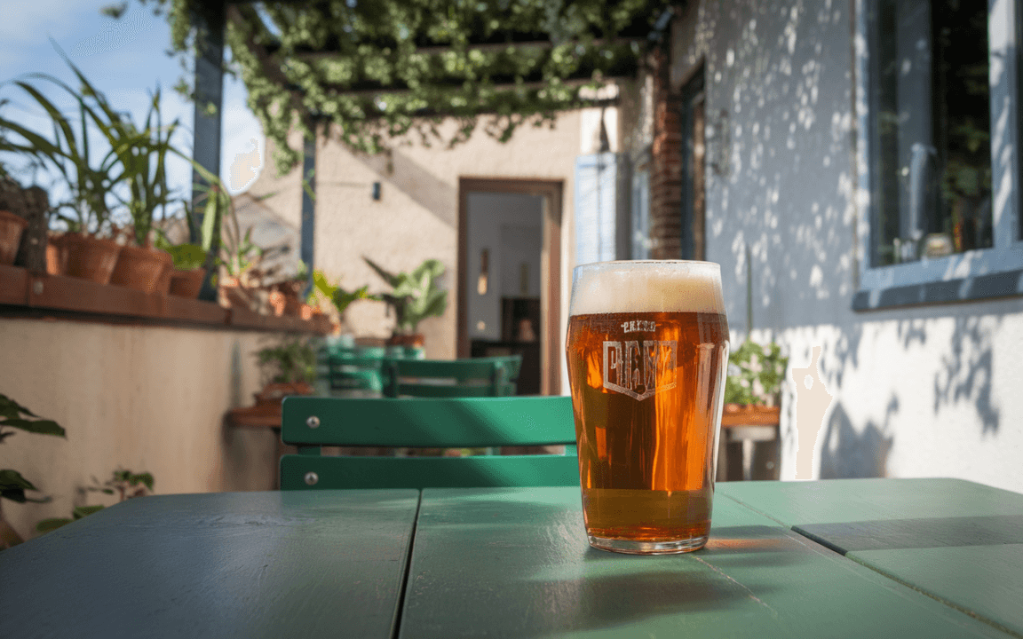 Un verre de bière artisanale sur une table verte, avec un fond de plantes et d'une maison lumineuse ensoleillée.