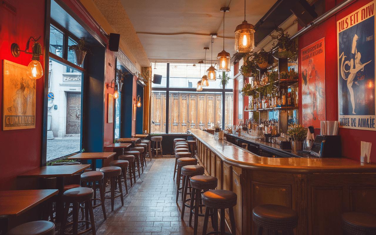 Intérieur d'un bar avec un comptoir en bois, des chaises hautes, des lumières suspendues et des affiches artistiques aux murs.