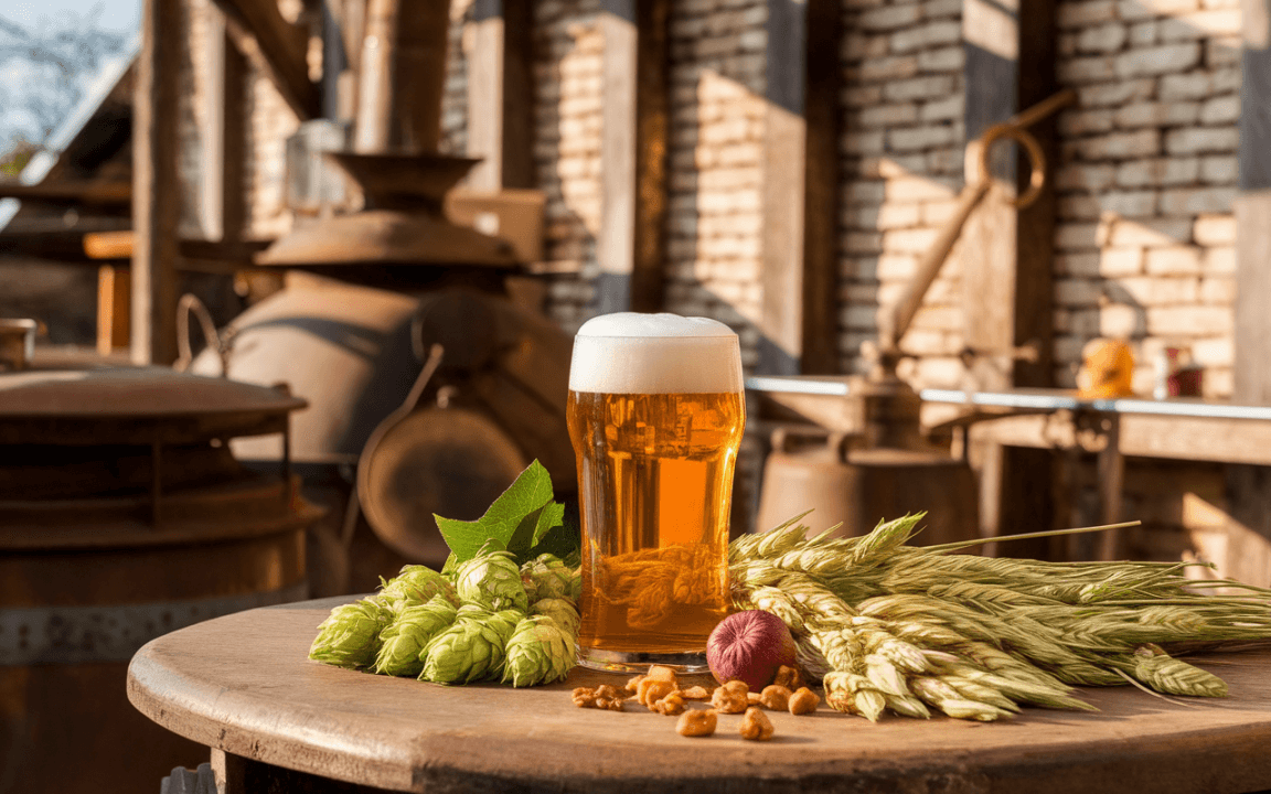 Une bière fraîchement servie, entourée de houblon, d’épis d’orge et de noix, sur une table en bois dans un environnement rustique.
