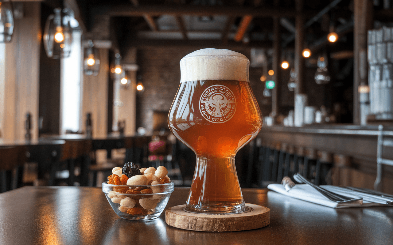 Un verre de bière ambrée sur une table avec un mélange de noix, dans un environnement de bar chaleureux et accueillant.