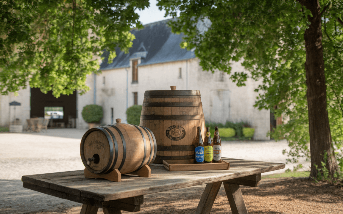 Deux fûts en bois et plusieurs bouteilles de bière sont placés sur une table en bois, devant un bâtiment extérieur.
