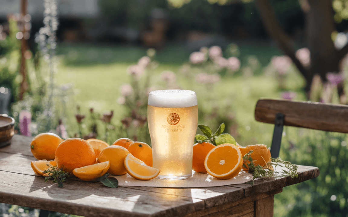 Un verre de bière posé sur une table en bois, entouré d'oranges entières et coupées, dans un jardin ensoleillé.