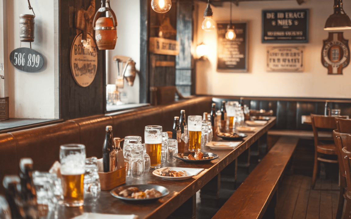 Intérieur d'un pub avec tables en bois, verres de bière, assiettes de nourriture et éclairage chaleureux. Ambiance conviviale.