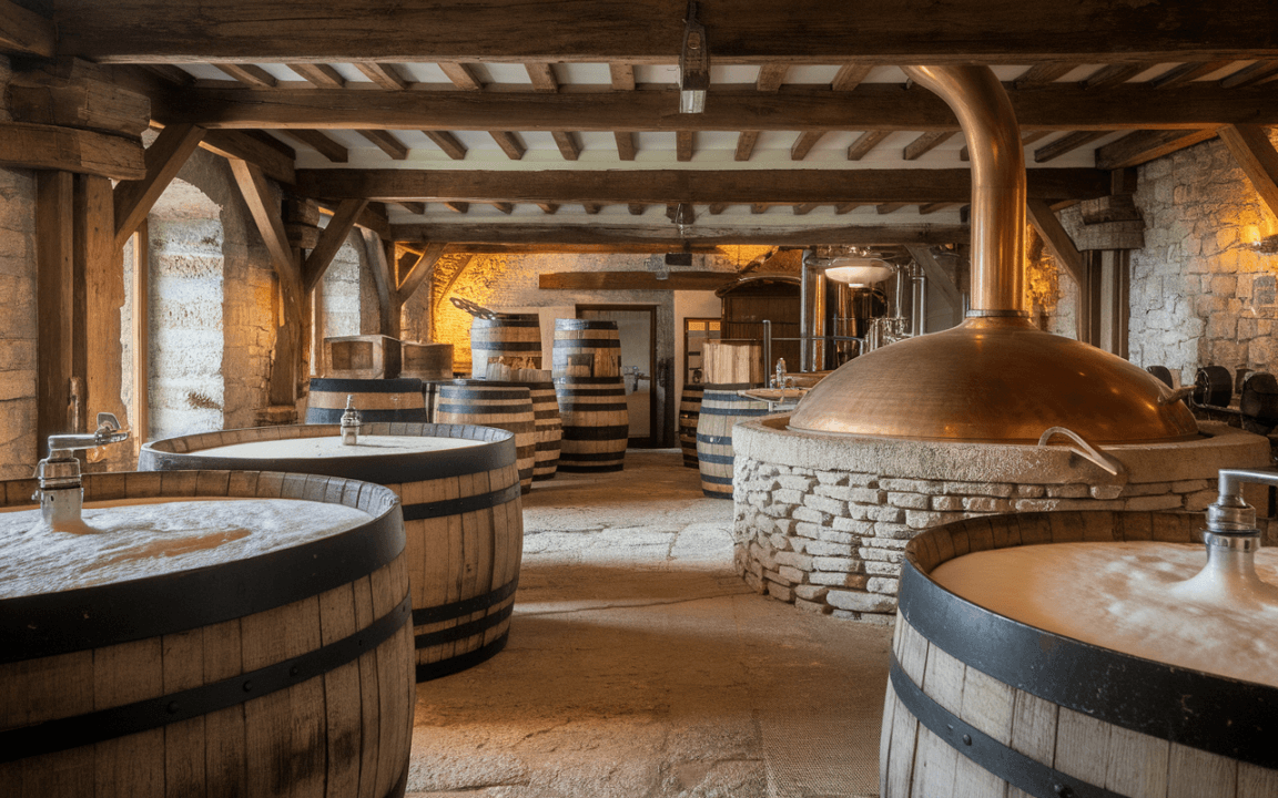 Salle de brassage avec fût en bois, cuve en cuivre, murs en pierre et éclairage chaleureux. Ambiance rustique et authentique.