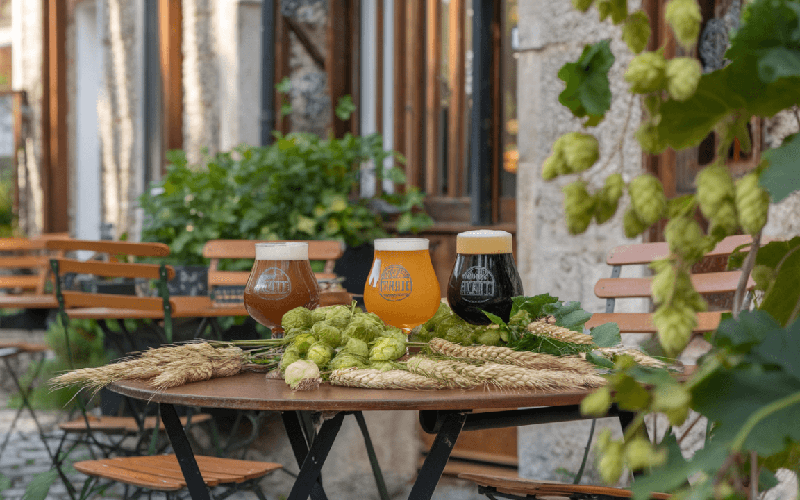 Trois verres de bière artisanale sur une table en métal, entourés de houblon et de blé, dans un cadre extérieur verdoyant.