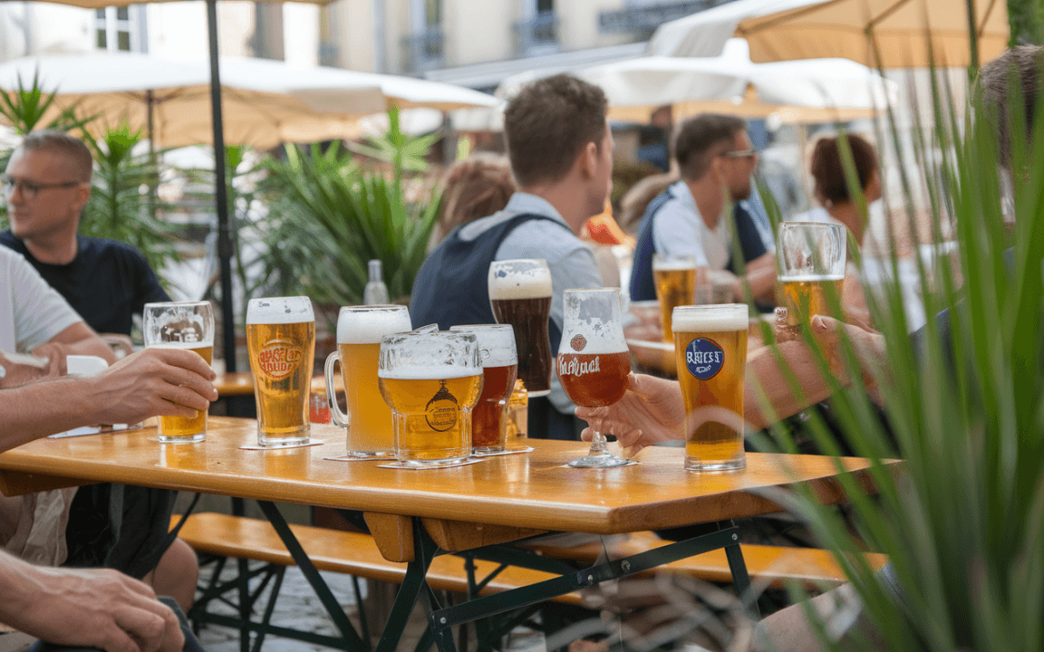 Des personnes sont assises à une table, dégustant différentes bières en plein air, entourées de plantes vertes.