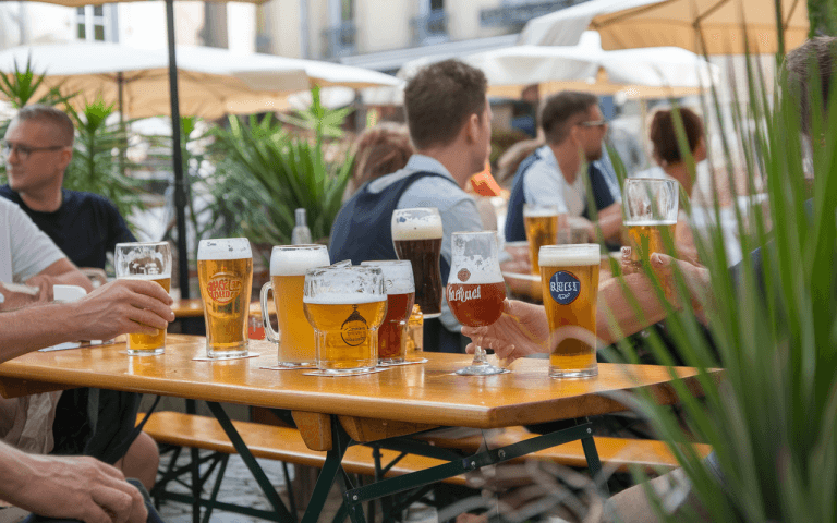 Des personnes sont assises à une table, dégustant différentes bières en plein air, entourées de plantes vertes.