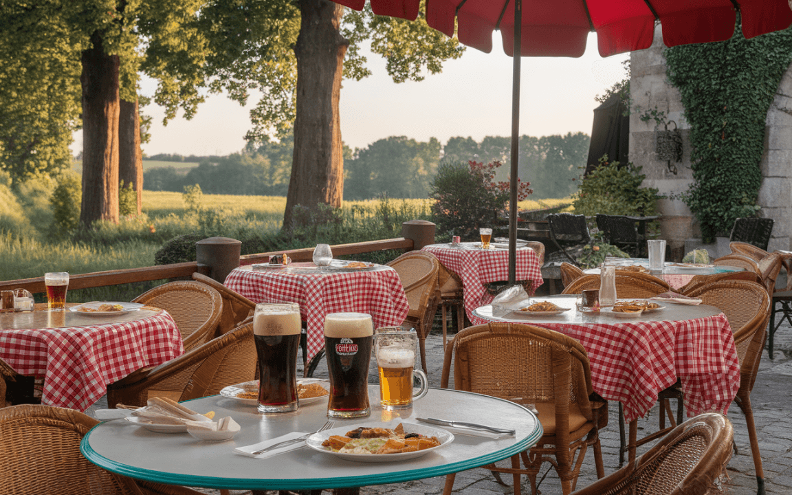 Terrasse d'un restaurant avec tables à carreaux rouges, bières sur la table, vue sur un champ verdoyant au crépuscule.