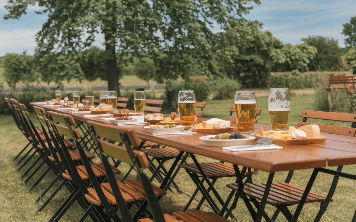 Table dressée en extérieur avec des bières et des plats variés, entourée de chaises en bois sous un ciel bleu.