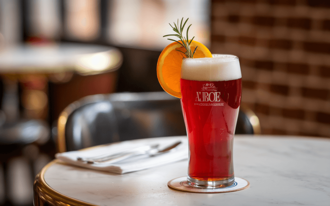 Un verre de bière rouge avec une tranche d'orange et un brin de romarin, posé sur une table en marbre.