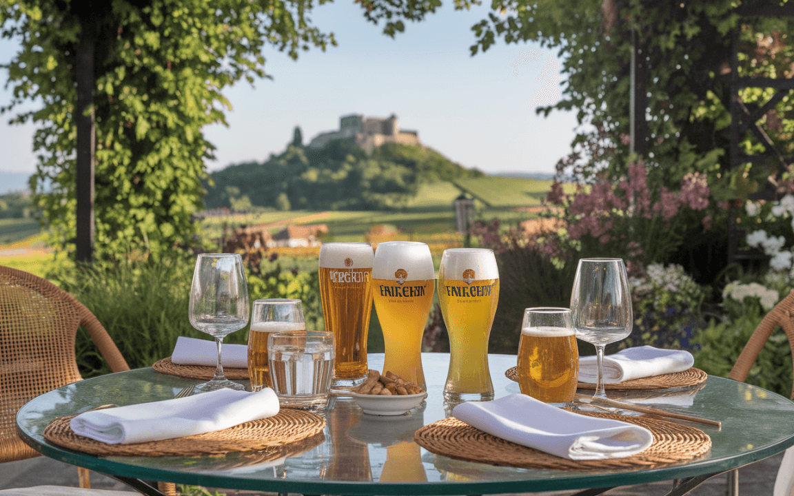 Table en extérieur avec plusieurs verres de bière, empilés sur une nappe, avec une vue panoramique sur un château et des vignes.