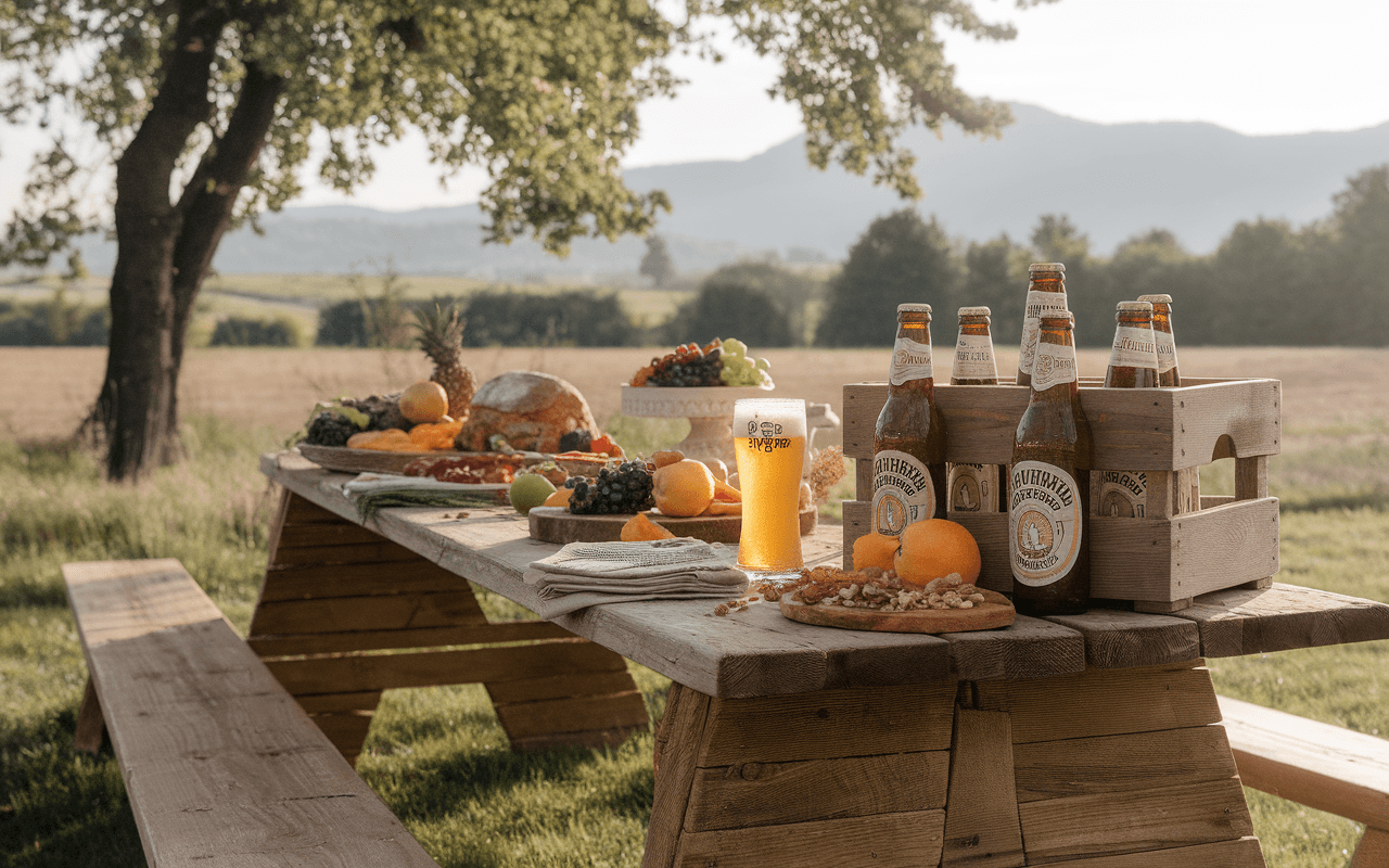 Une table en bois pleine de fruits, pain, douceurs et bières, avec un paysage champêtre en arrière-plan sous un ciel clair.