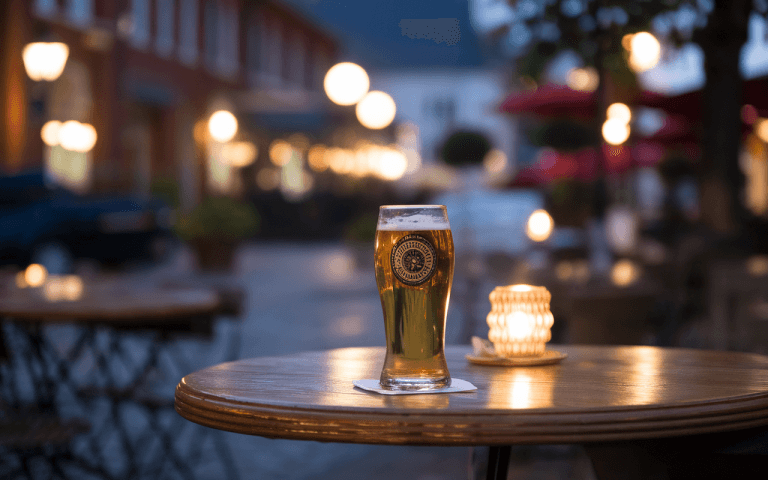 Un verre de bière près d'une bougie sur une table en bois, avec une rue animée en arrière-plan, éclairée par des lampadaires.