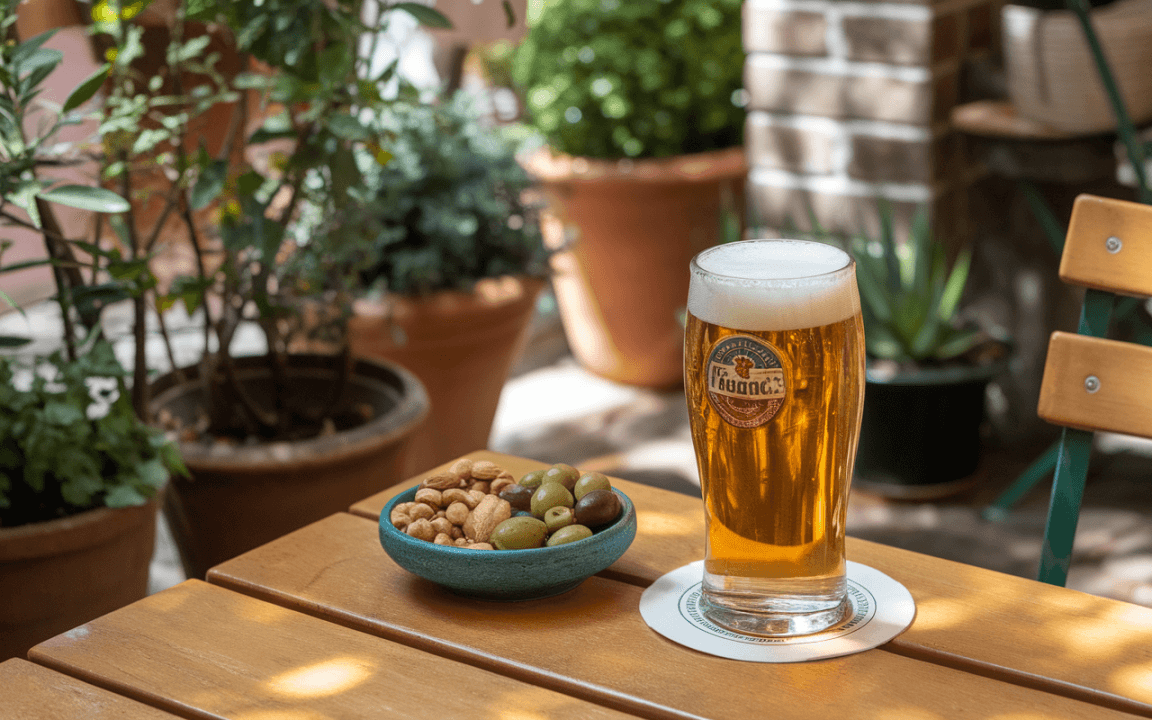 Verre de bière dorée avec mousse, accompagné d'un bol d'olives et de snacks, sur une table en bois, en environnement verdoyant.