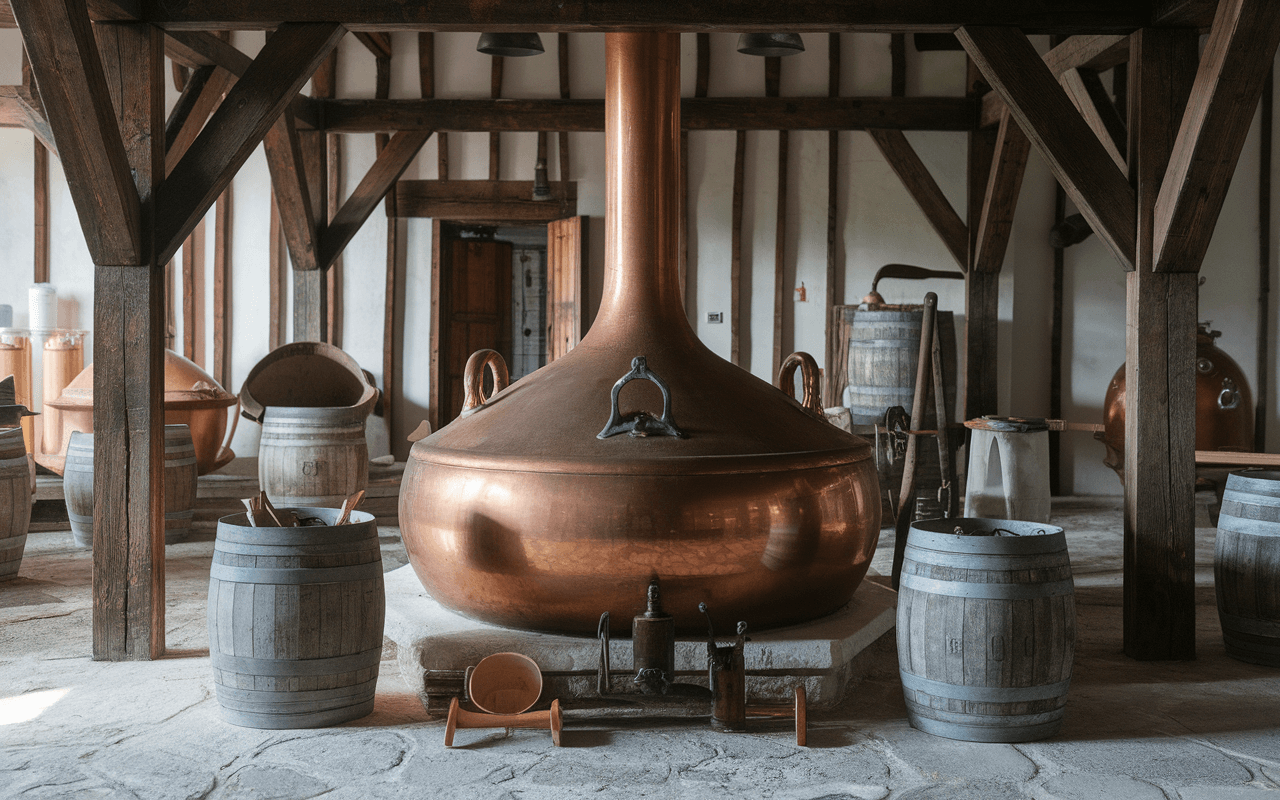 Salle de brassage avec cuve en cuivre, fût en bois et outils anciens sur le sol en pierre dans un cadre rustique.