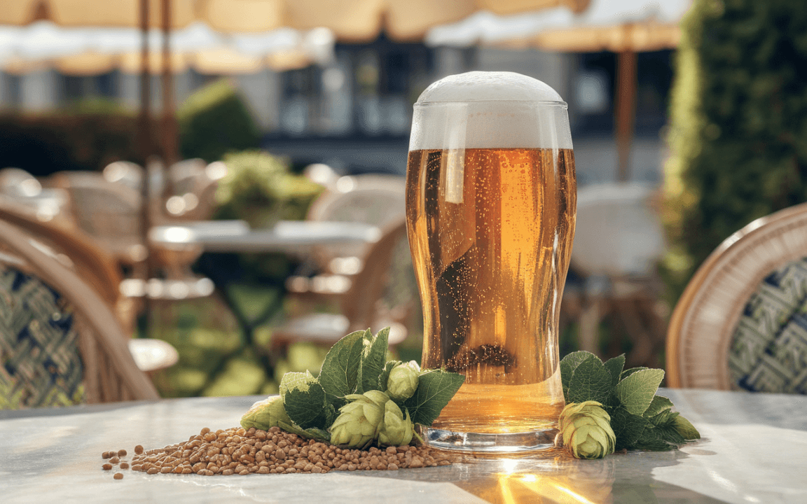Un verre de bière dorée avec mousse, entouré de graines et de houblon, posé sur une table en extérieur.