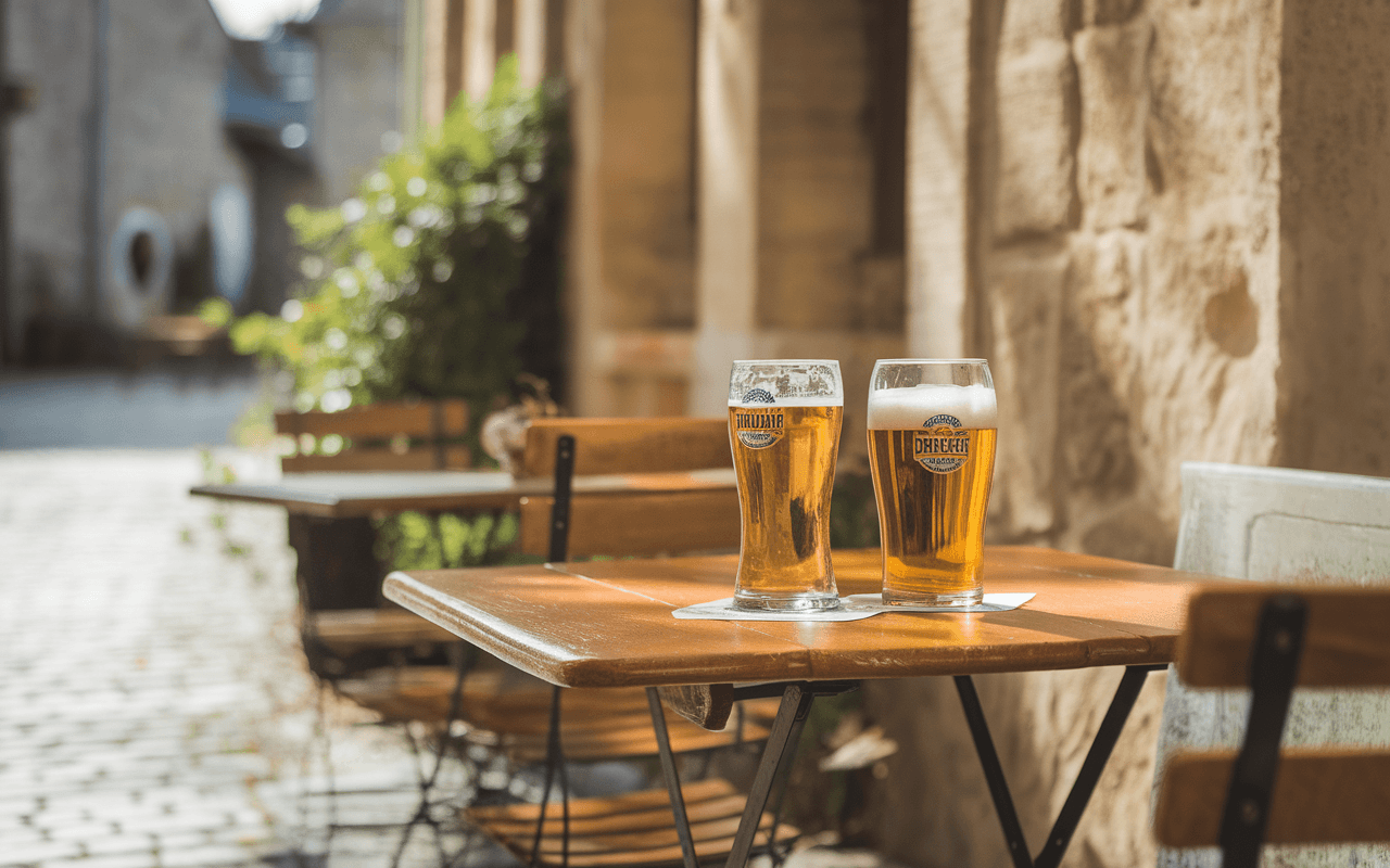 Deux verres de bière sur une table en bois, en terrasse, avec une ambiance tranquille et ensoleillée.