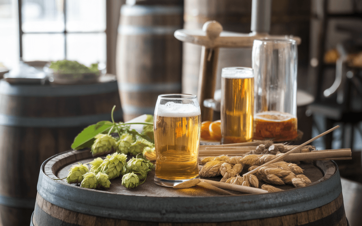 Verres de bière sur un tonneau en bois, entourés de houblon, d'épis de céréales et d'autres ingrédients de brasserie.