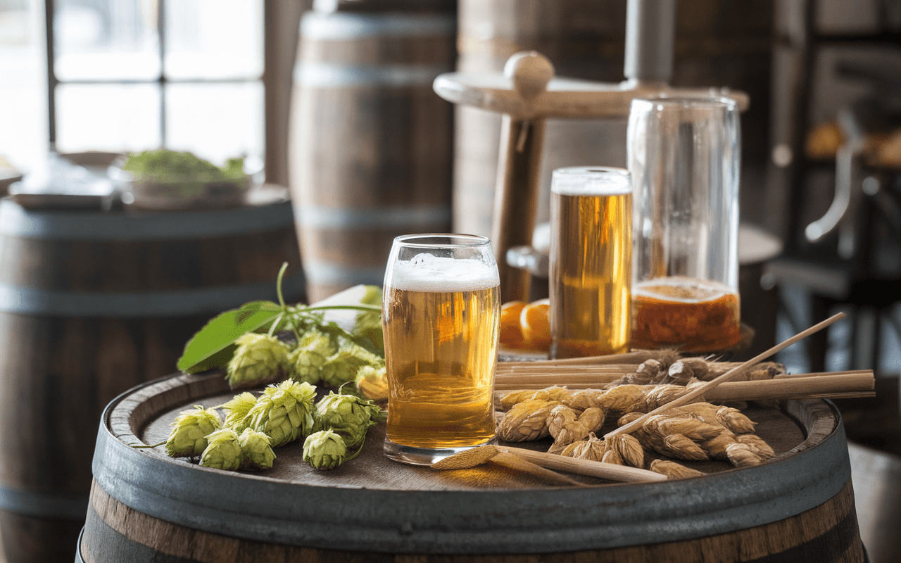 Verres de bière sur un tonneau en bois, entourés de houblon, d'épis de céréales et d'autres ingrédients de brasserie.