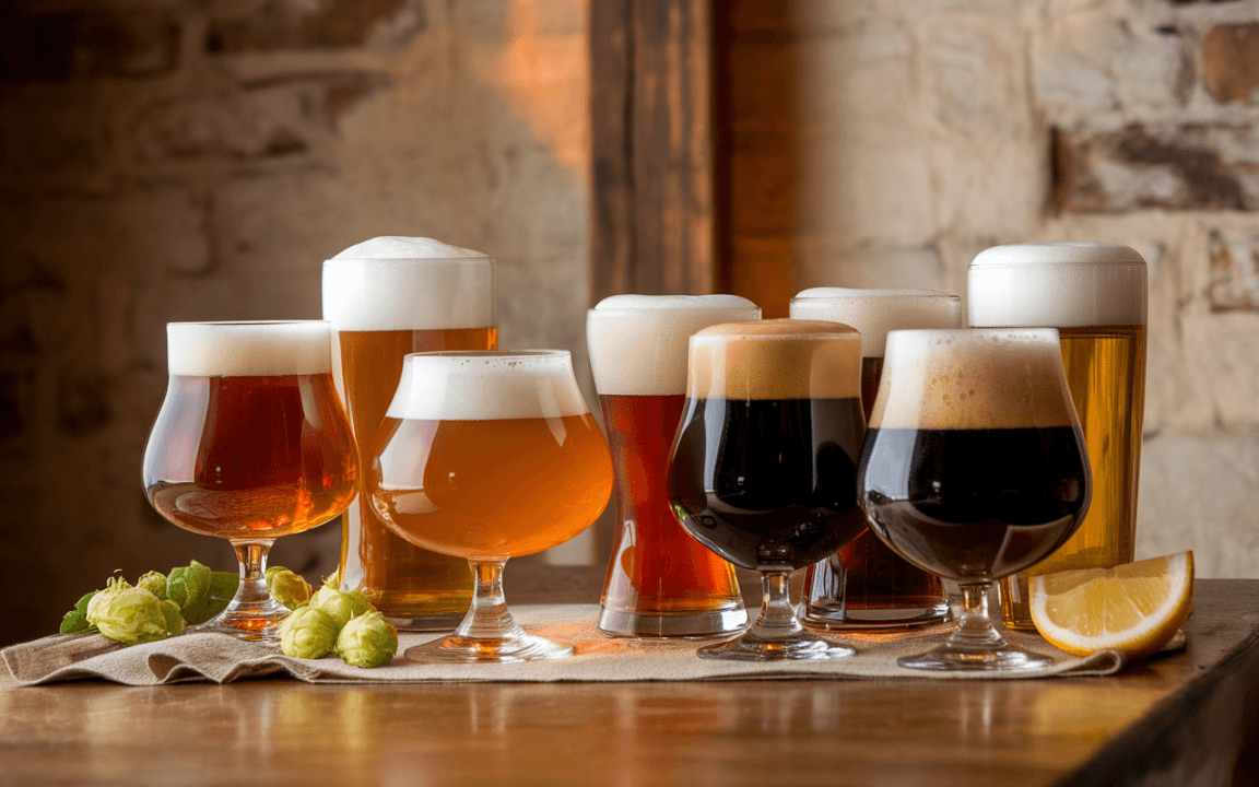 Différentes bières présentées dans des verres variés, entourées de houblon et d'une tranche de citron, sur une table en bois.
