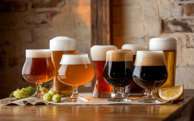 Différentes bières présentées dans des verres variés, entourées de houblon et d'une tranche de citron, sur une table en bois.