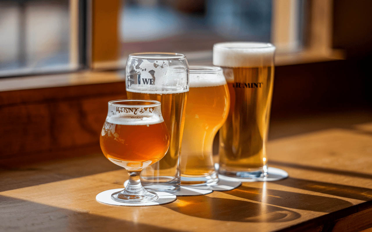 Quatre verres de bière de différentes couleurs sont alignés sur une table en bois, avec une lumière chaleureuse en arrière-plan.