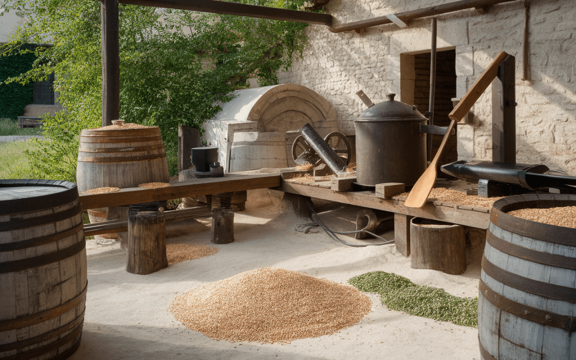 Espace de travail traditionnel avec des barriques, des grains de céréales et des outils de transformation au sein d'un bâtiment en pierre.