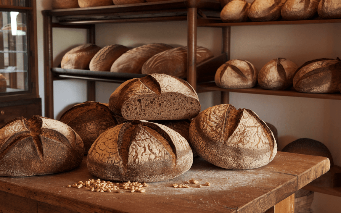 Pain de seigle artisanal présenté sur une table, avec plusieurs miches en arrière-plan et des grains de blé.