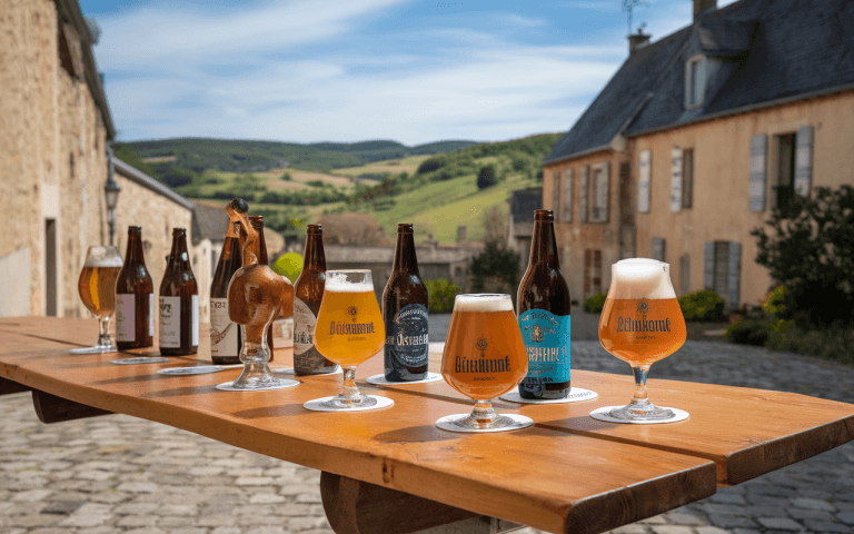 Une table en bois présente plusieurs types de bière, entourée de paysages verdoyants et de bâtiments en pierre sous un ciel clair.