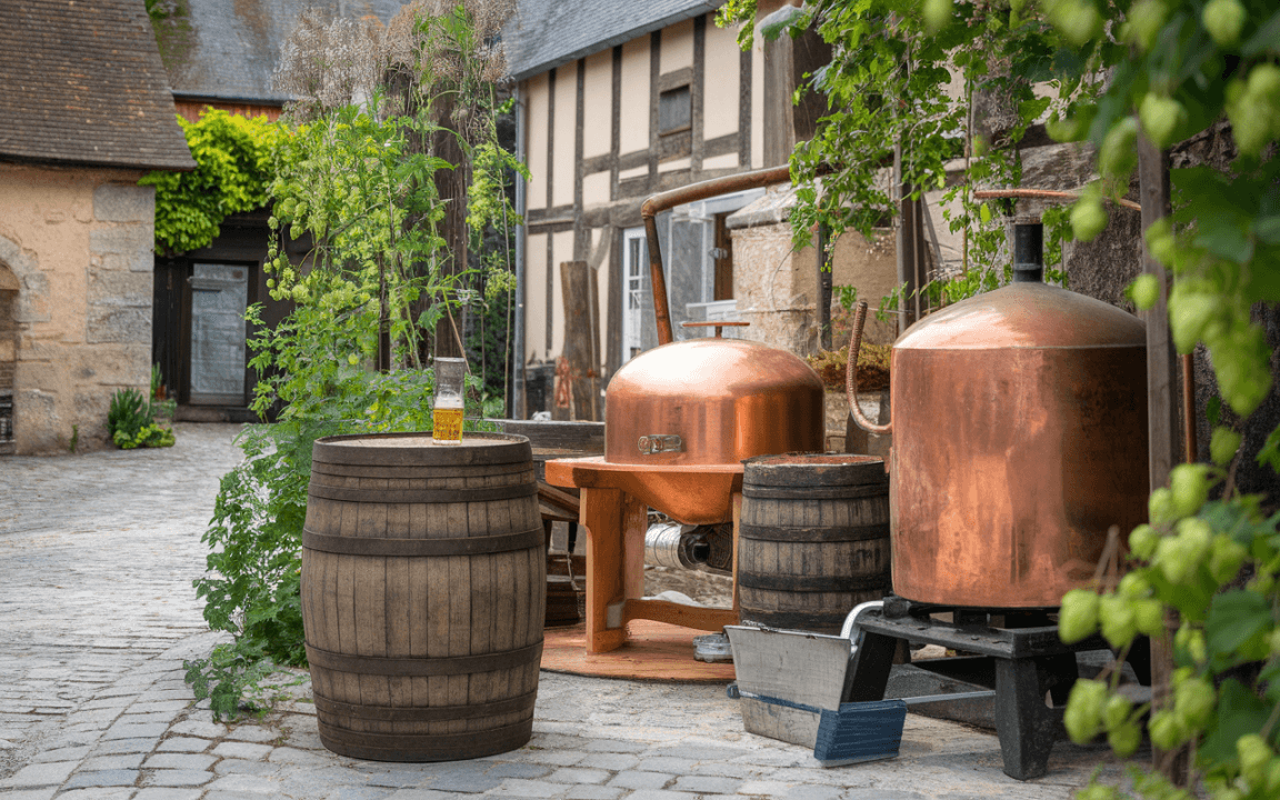Côté d'une rue pavée, deux cuves en cuivre, un fût en bois et une verre de bière entourés de plantes.