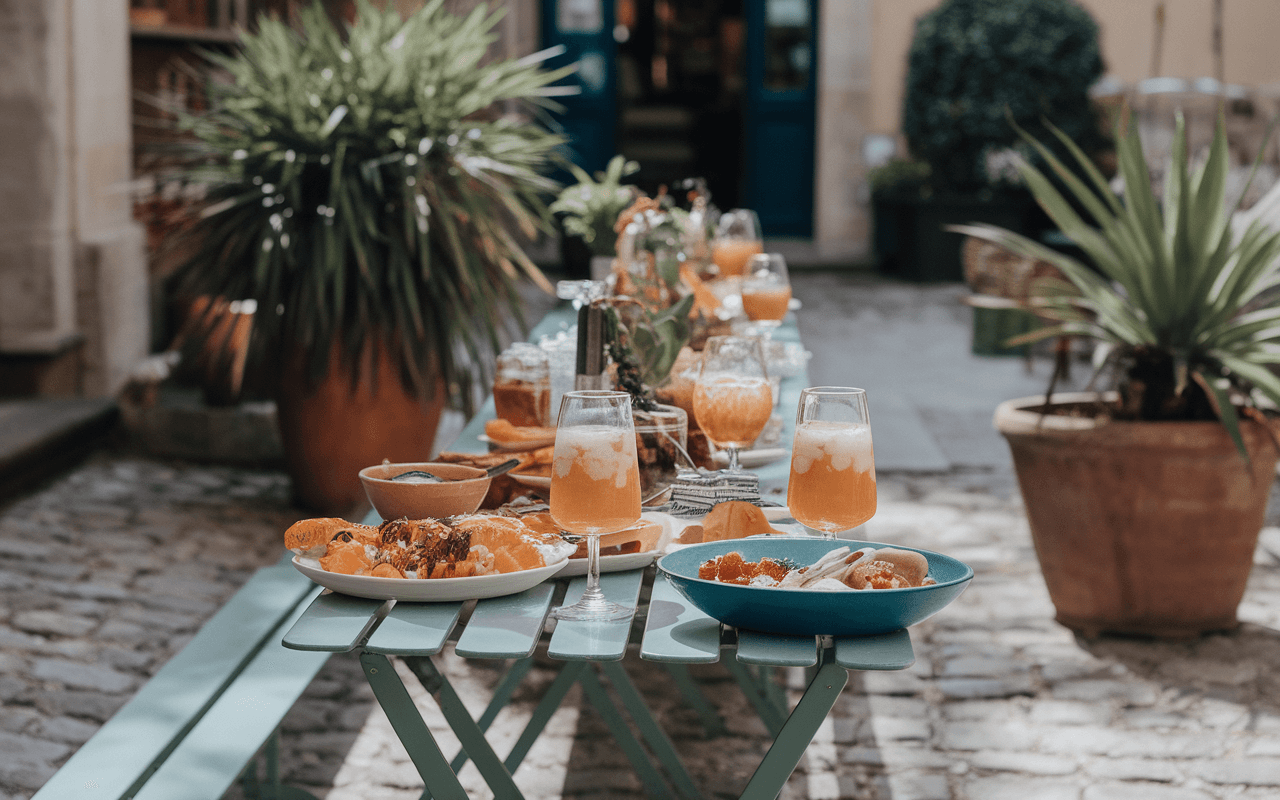 Table garnie de plats variés et de cocktails en plein air, entourée de plantes et d'un décor ensoleillé.