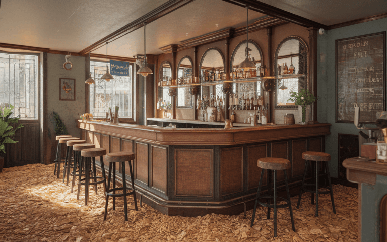 Bar chaleureux en bois avec des tabourets, miroirs décoratifs, bouteilles d’alcool et éclairage sobre. Sol recouvert de copeaux de bois.