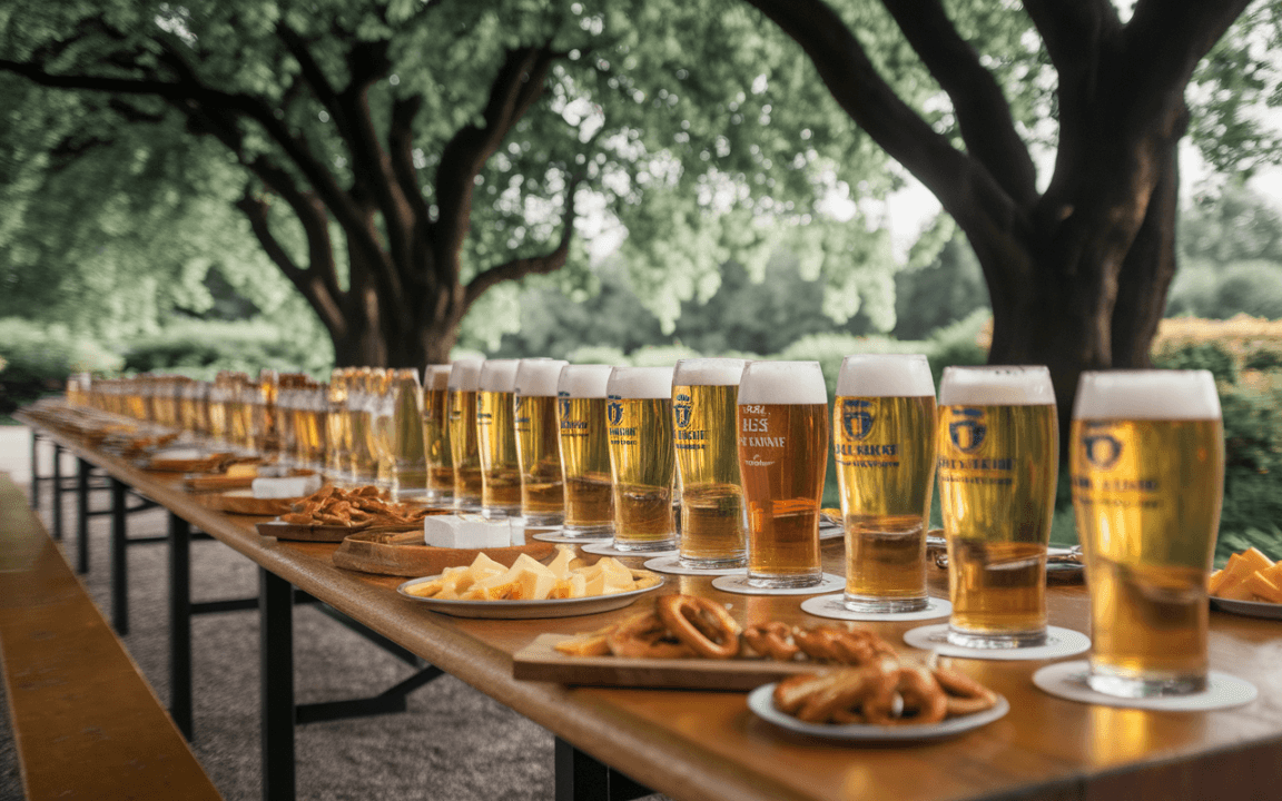 Table en plein air avec de nombreuses pintes de bière et des assiettes de fromages et de snacks, entourée d'arbres verdoyants.