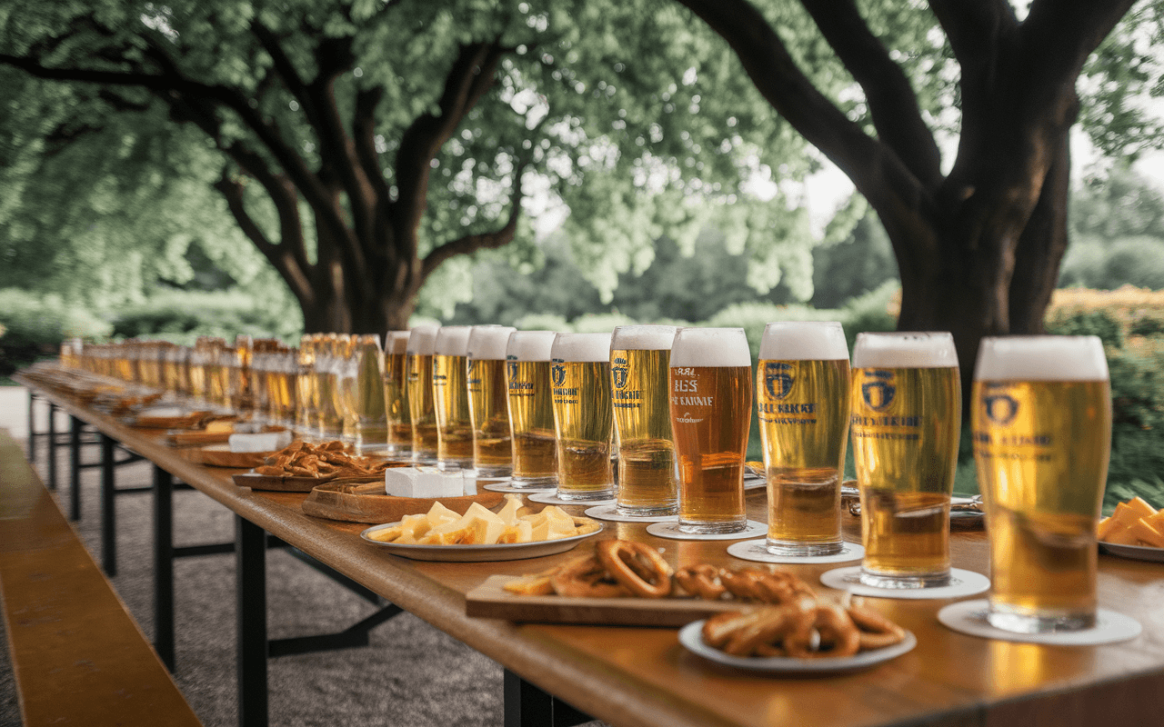 Table en plein air avec de nombreuses pintes de bière et des assiettes de fromages et de snacks, entourée d'arbres verdoyants.