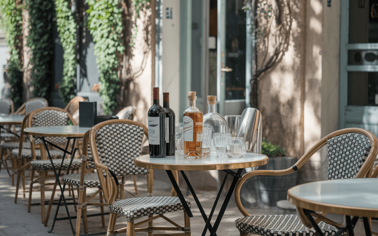Terrasse de café avec tables rondes, chaises en rotin, bouteilles de vin et verres en cristal sur une table. Décor verdoyant.