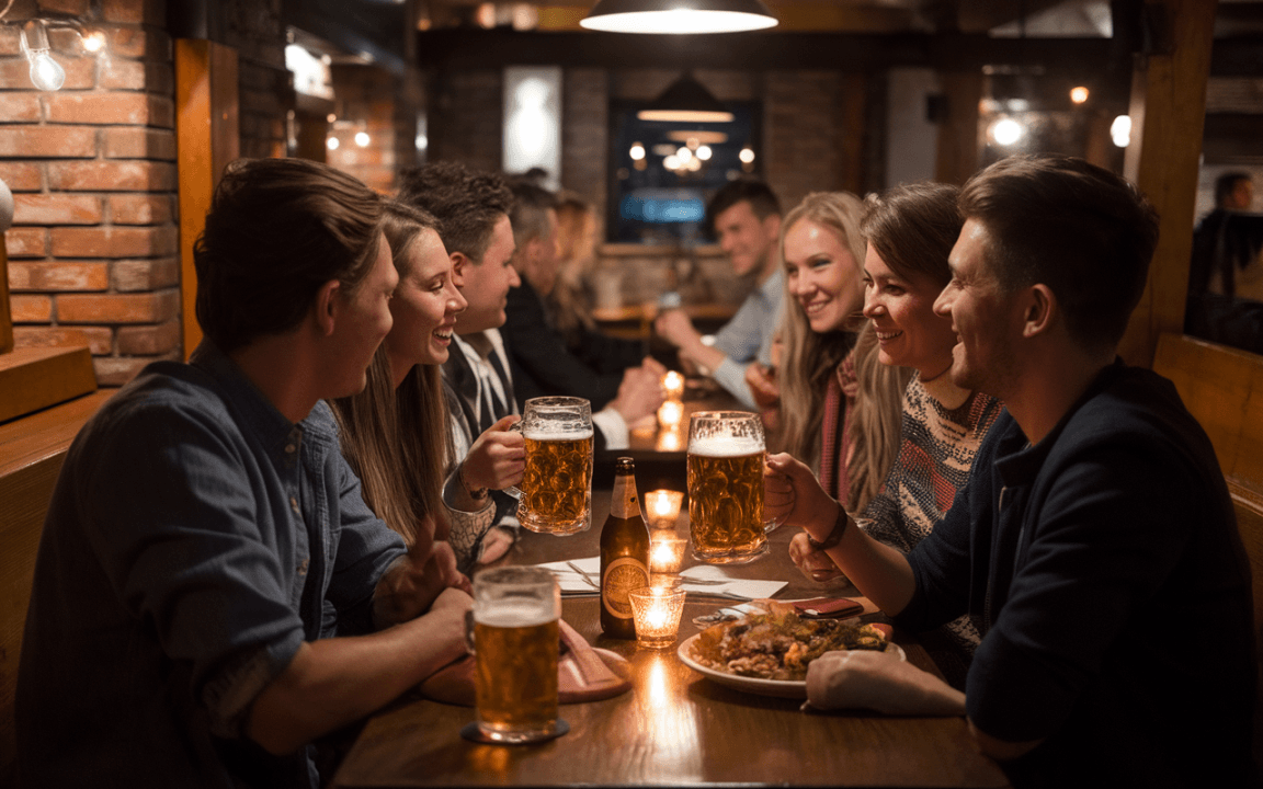 Groupe d'amis riant autour d'une table, levant des chopes de bière, avec des plats et des bougies éclairant l'ambiance.