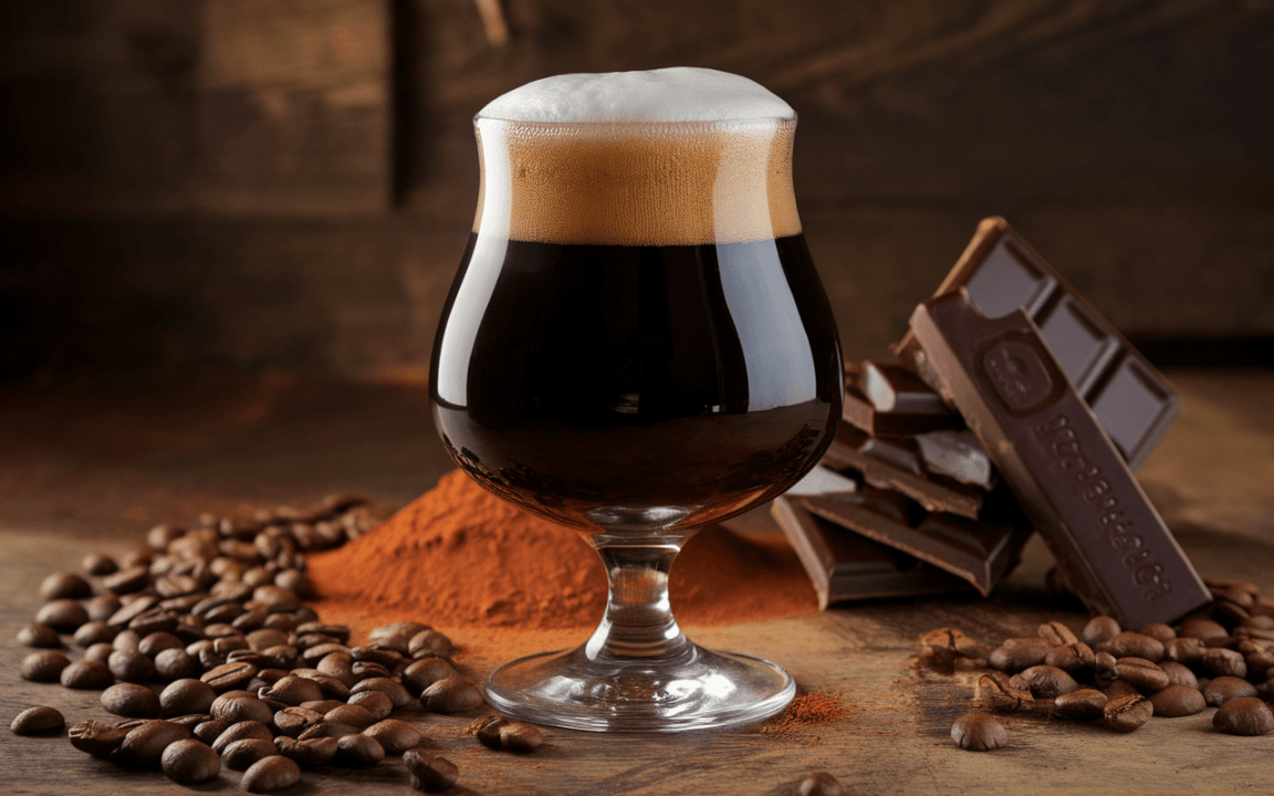 Un verre de bière noire mousseuse, entouré de grains de café, cacao en poudre et carrés de chocolat.