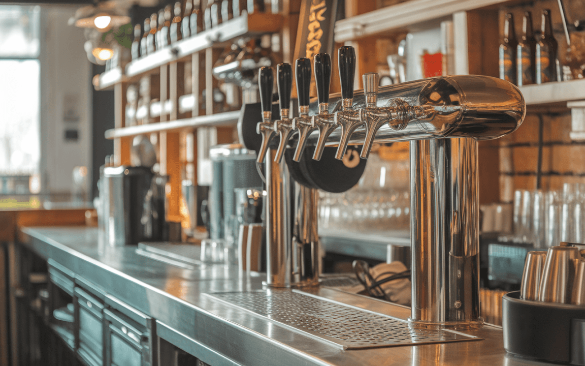 Bar moderne avec un comptoir en inox, des robinets à bière en métal poli et une étagère derrière avec des bouteilles.
