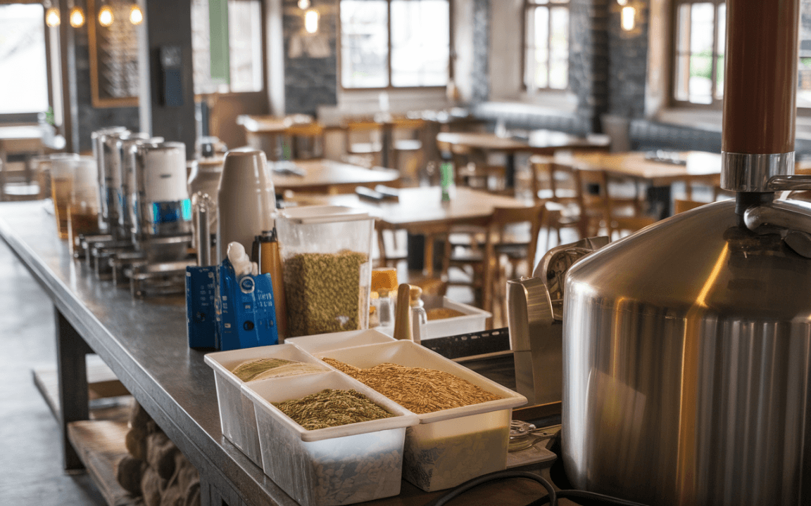 Bar intérieur bien éclairé avec des tables en bois et des contenants d'ingrédients de brassage sur un comptoir en métal.