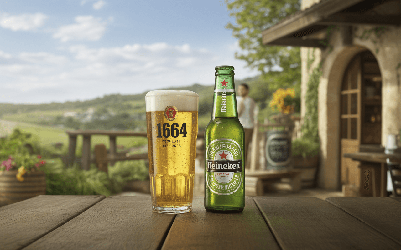 Une pinte de bière 1664 et une bouteille de Heineken sur une table en bois, avec un paysage verdoyant en arrière-plan.