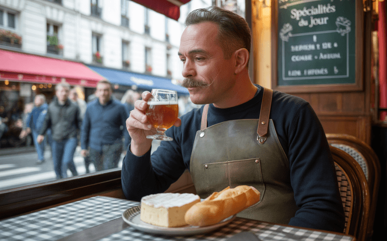 Un homme dégustant une bière, assis à une table avec du fromage et une baguette, dans un café animé.